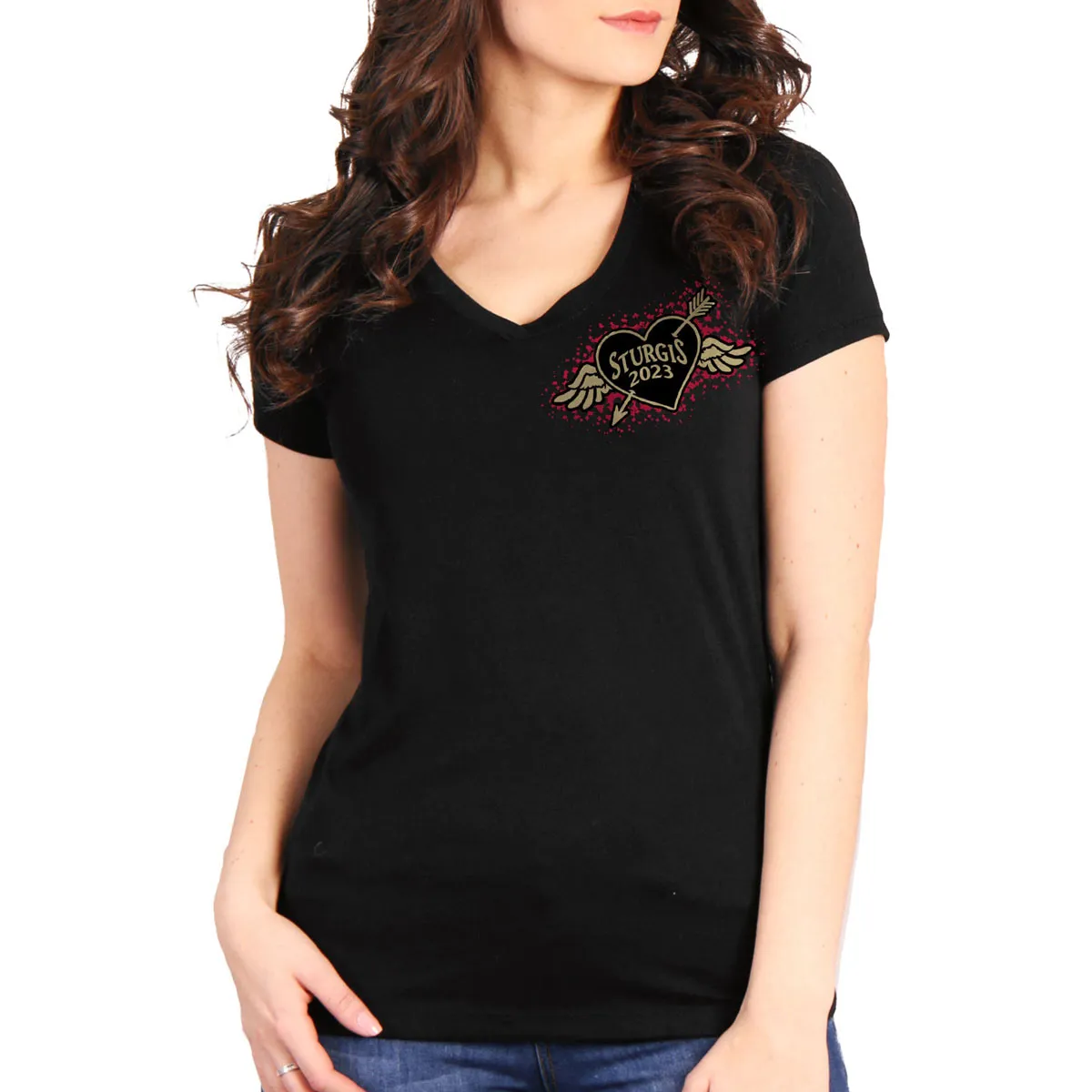 Hot Leathers SPL1848 Women's Black 2023 Sturgis Rose Wings Short Sleeve T-Shirt