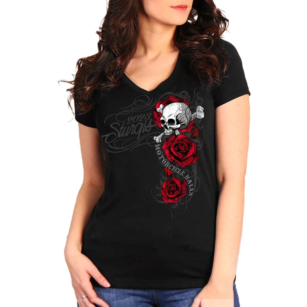 Hot Leathers SPL1856 Women's Black 2023 Sturgis Rally Skull Rose T-Shirt