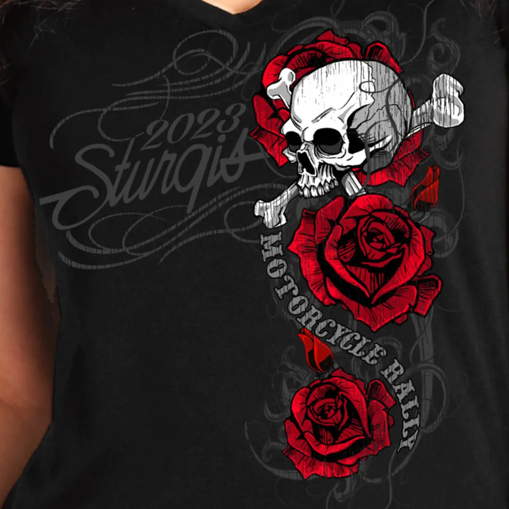 Hot Leathers SPL1856 Women's Black 2023 Sturgis Rally Skull Rose T-Shirt