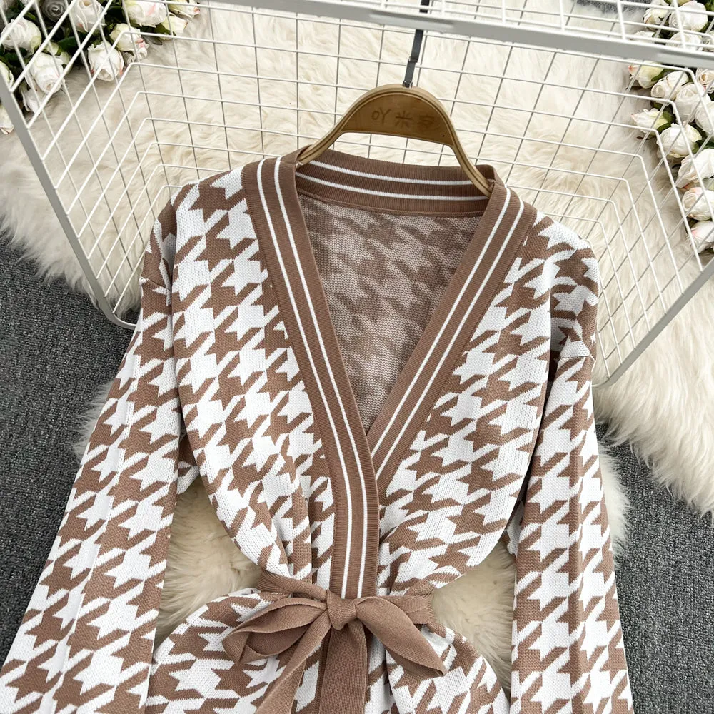 Houndstooth Knitted Women Sweater Suits V Neck Long Sleeve Cardigan Female Wide Pants 2 Piece Sets