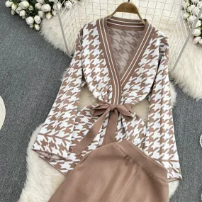 Houndstooth Knitted Women Sweater Suits V Neck Long Sleeve Cardigan Female Wide Pants 2 Piece Sets