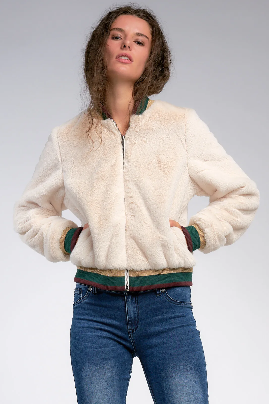 Ivory Faux Fur Bomber Jacket