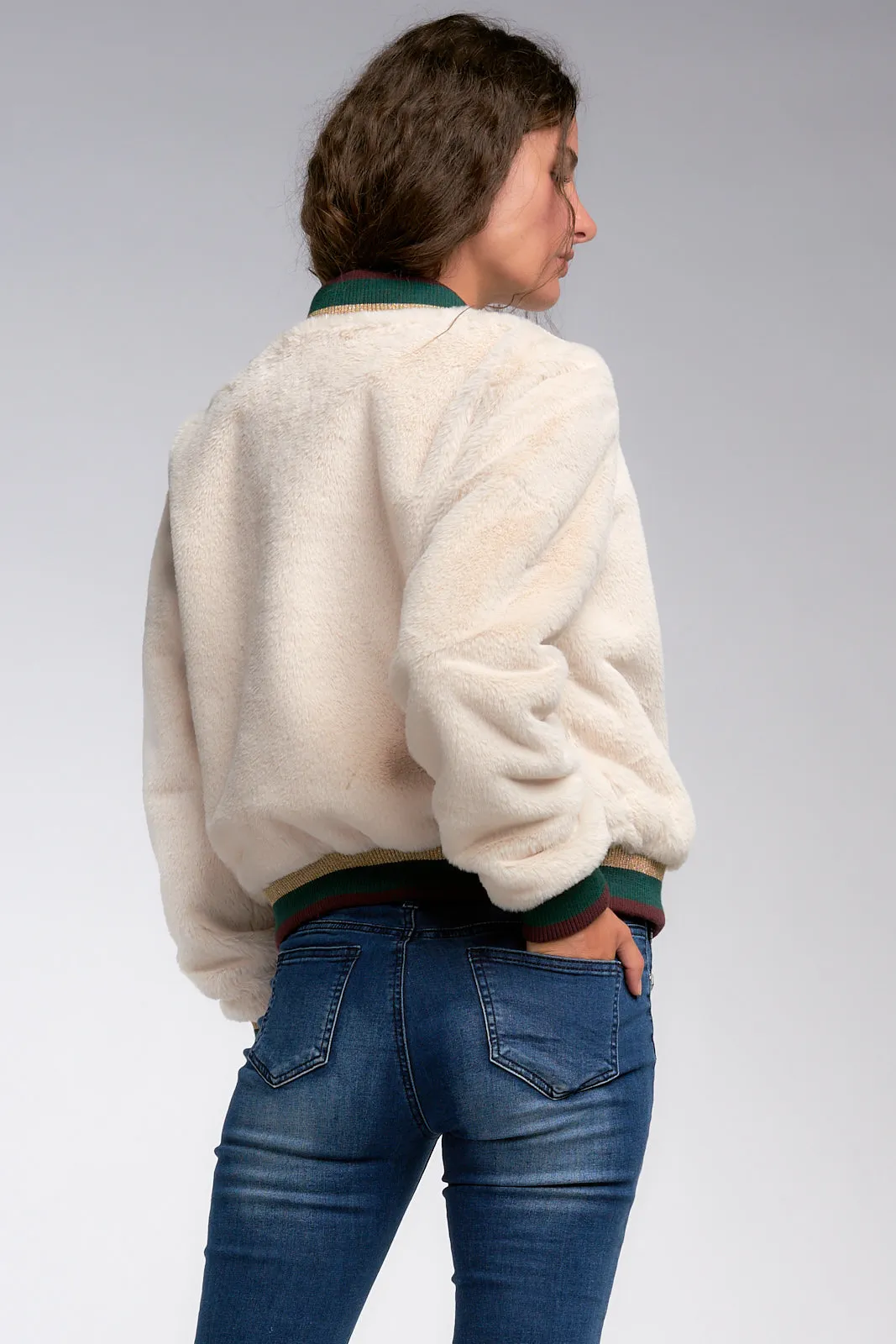 Ivory Faux Fur Bomber Jacket