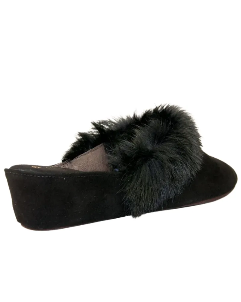 Jacques Levine Black Suede and Fur Wedge Slippers