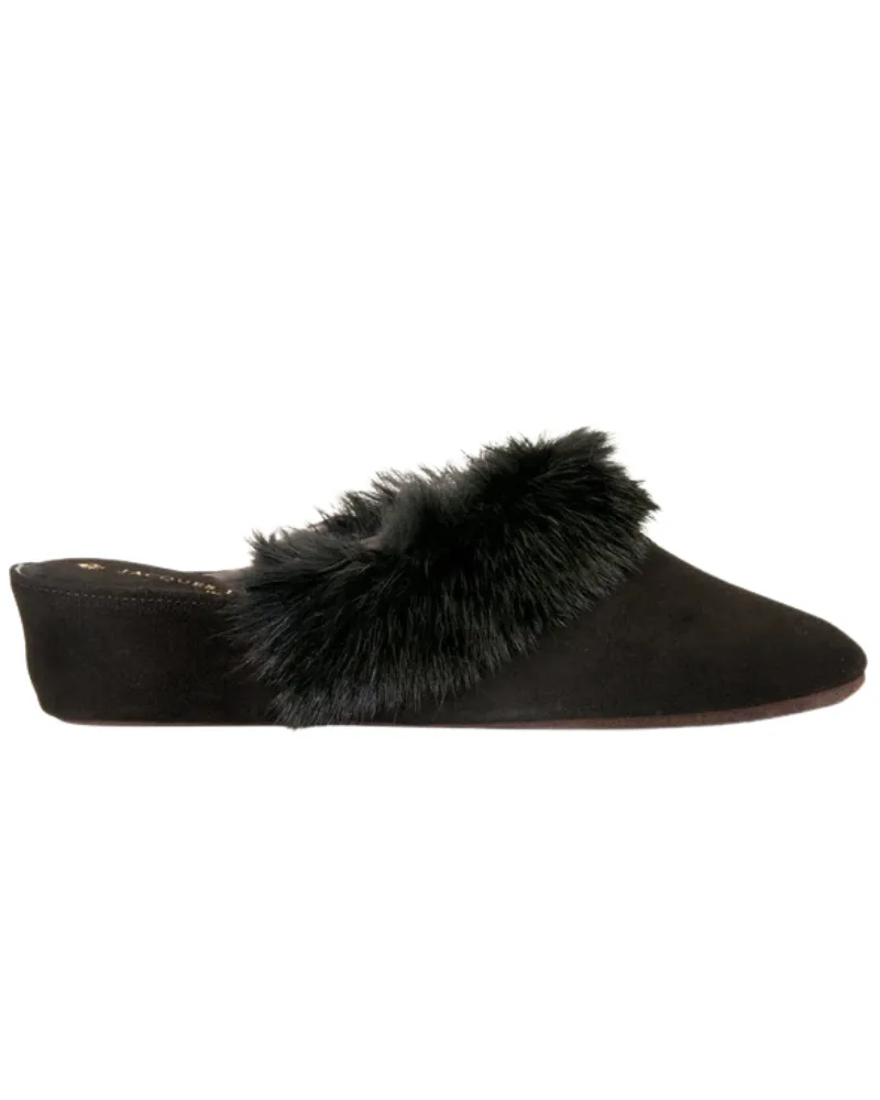 Jacques Levine Black Suede and Fur Wedge Slippers