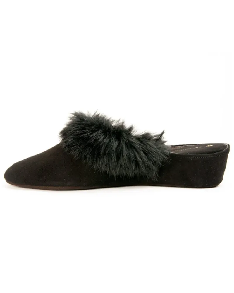 Jacques Levine Black Suede and Fur Wedge Slippers