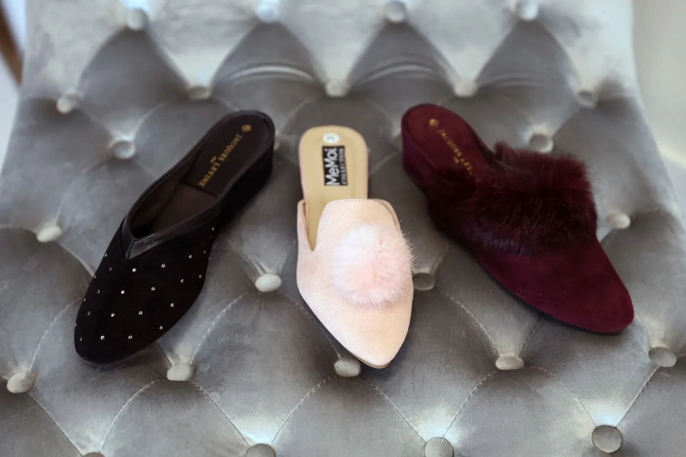 Jacques Levine Wine Suede and Fur Wedge Slipper