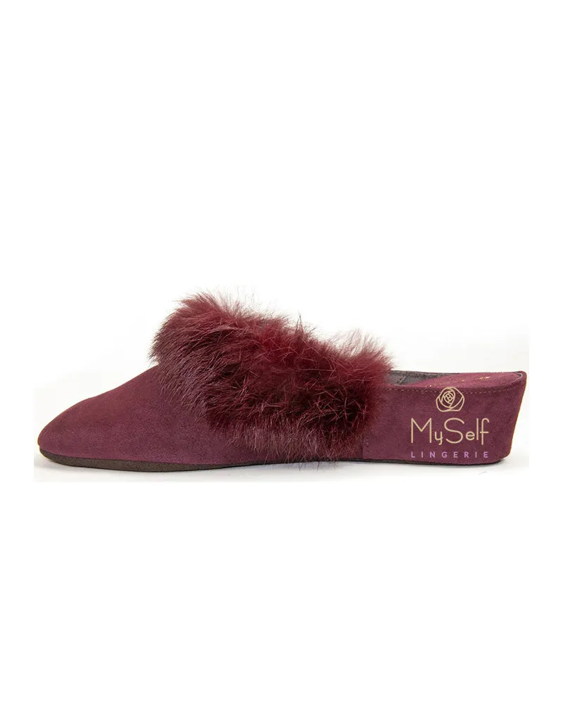 Jacques Levine Wine Suede and Fur Wedge Slipper