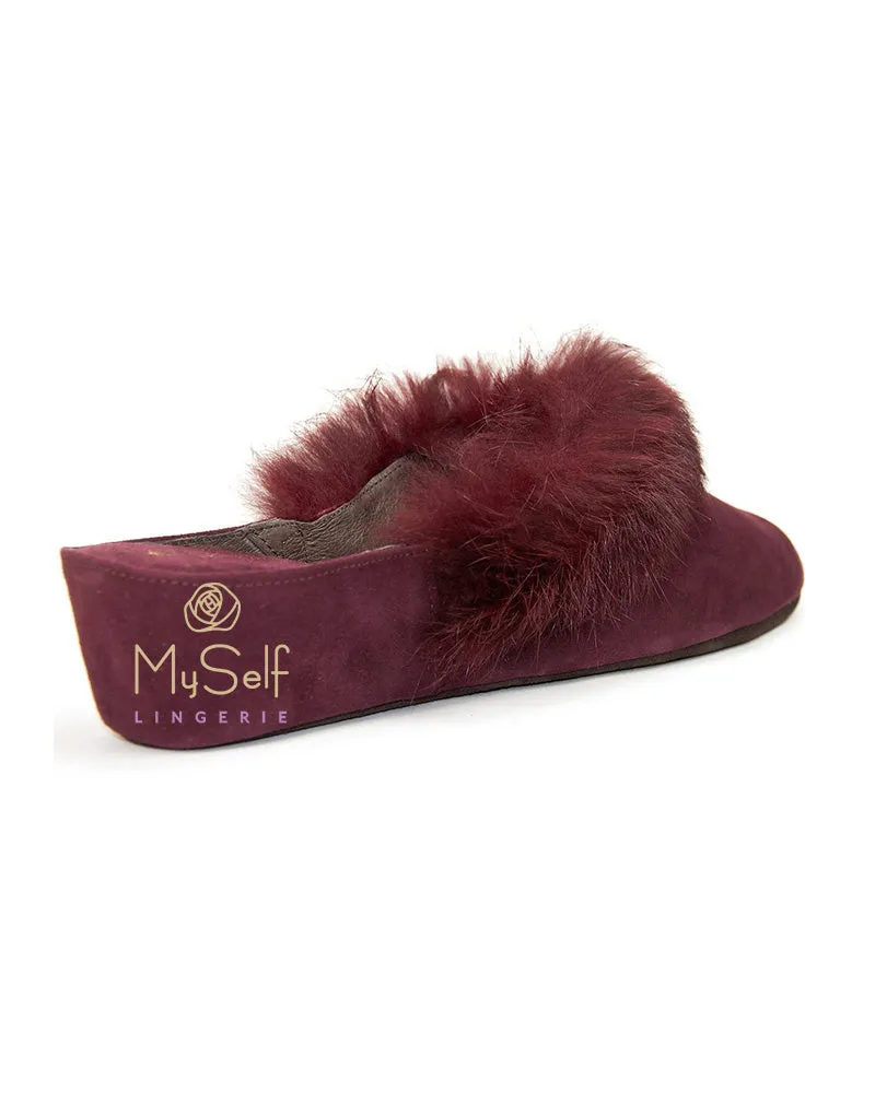 Jacques Levine Wine Suede and Fur Wedge Slipper