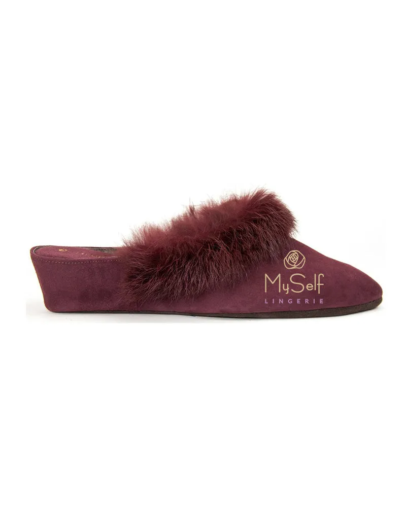 Jacques Levine Wine Suede and Fur Wedge Slipper