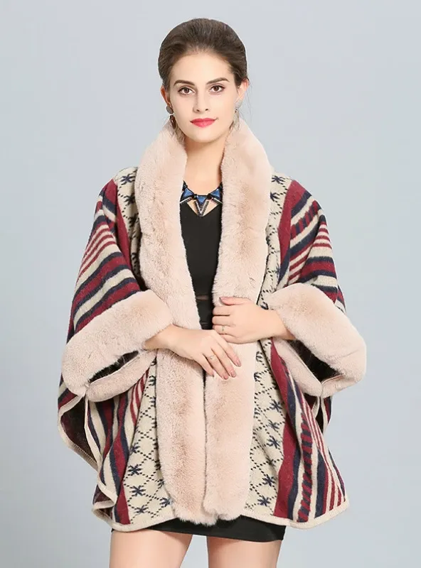 KNITTED SHAWL CLOAK IMITATION REX RABBIT FUR COLLAR CAP