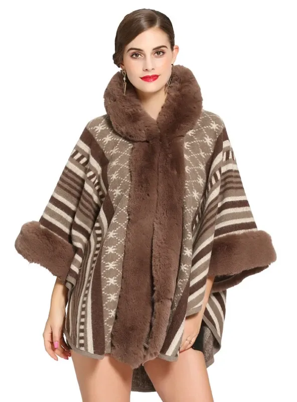 KNITTED SHAWL CLOAK IMITATION REX RABBIT FUR COLLAR CAP