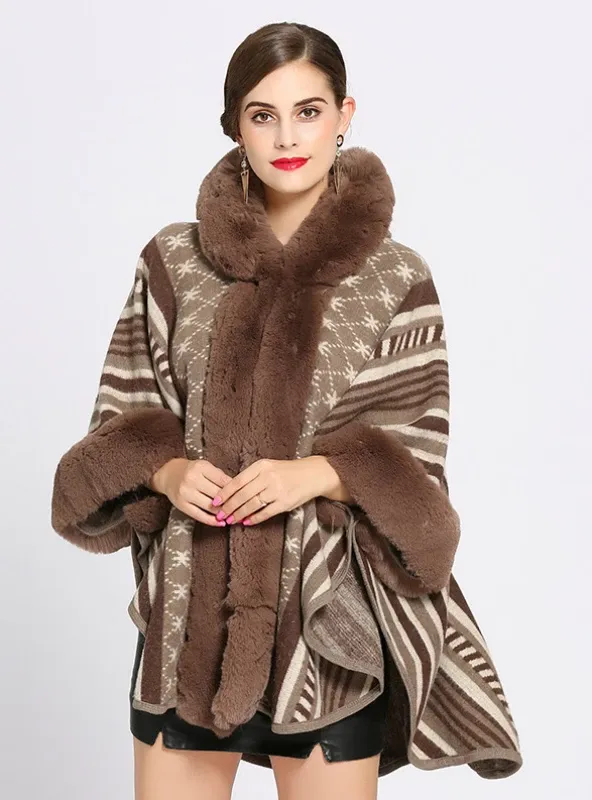 KNITTED SHAWL CLOAK IMITATION REX RABBIT FUR COLLAR CAP