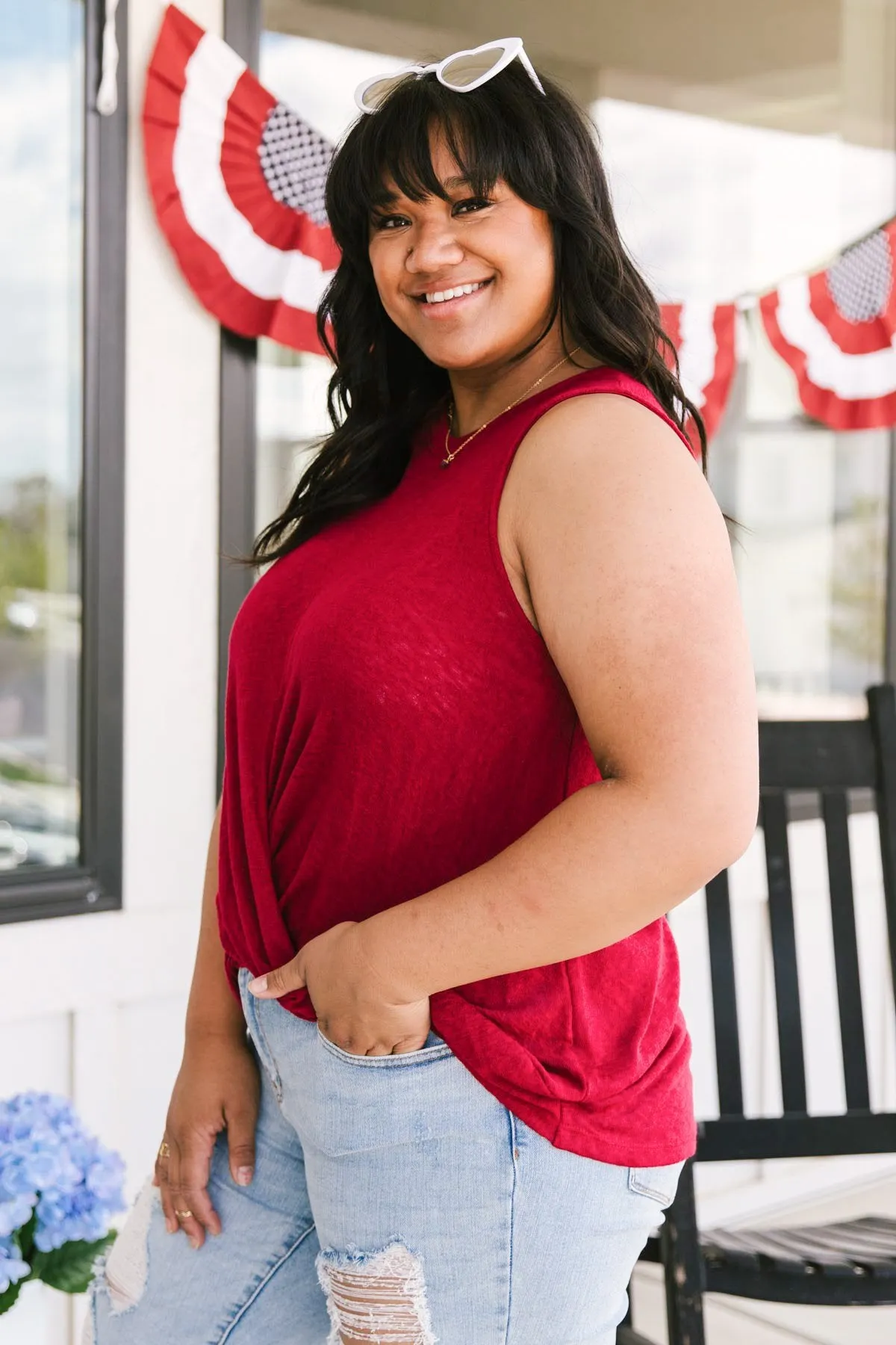 Knotted Hem Tank in Ruby Red