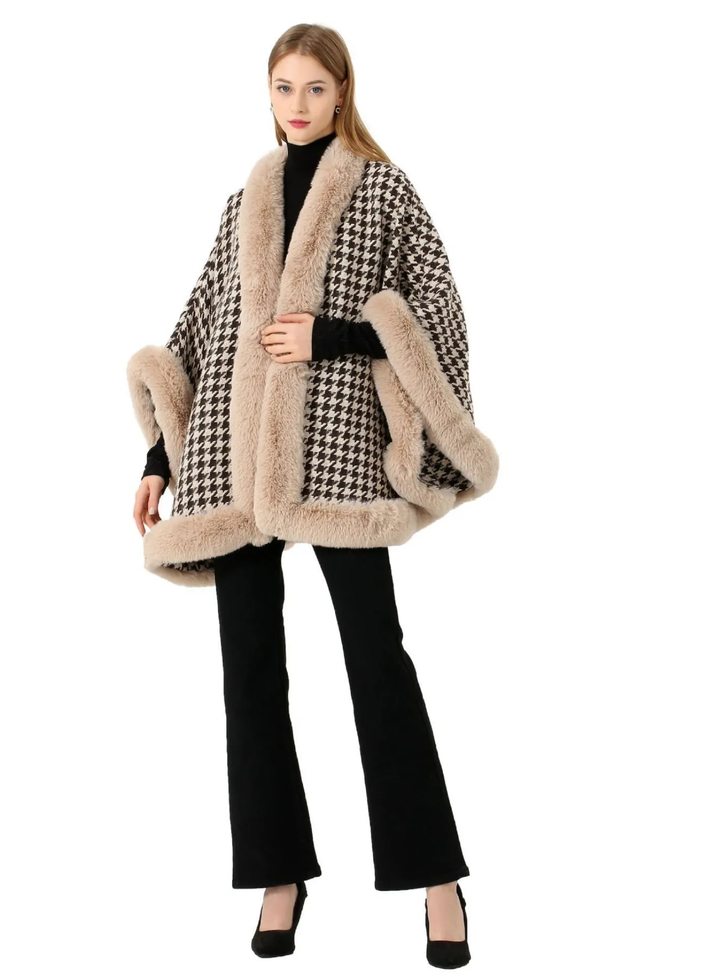 Large Fur Collar Houndstooth Wool Shawl Cloak