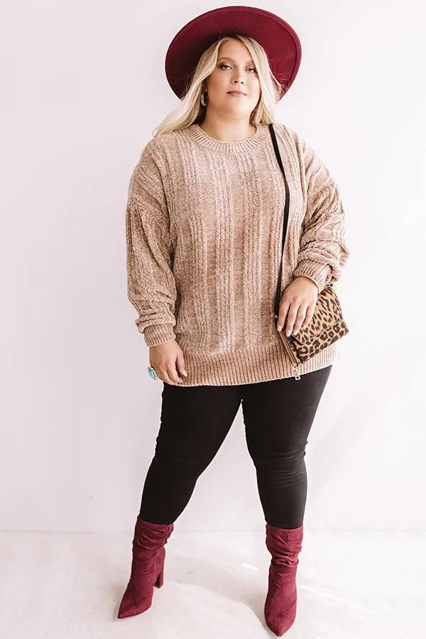 Lattes And Snuggles Cable Knit Chenille Sweater In Iced Latte Curves