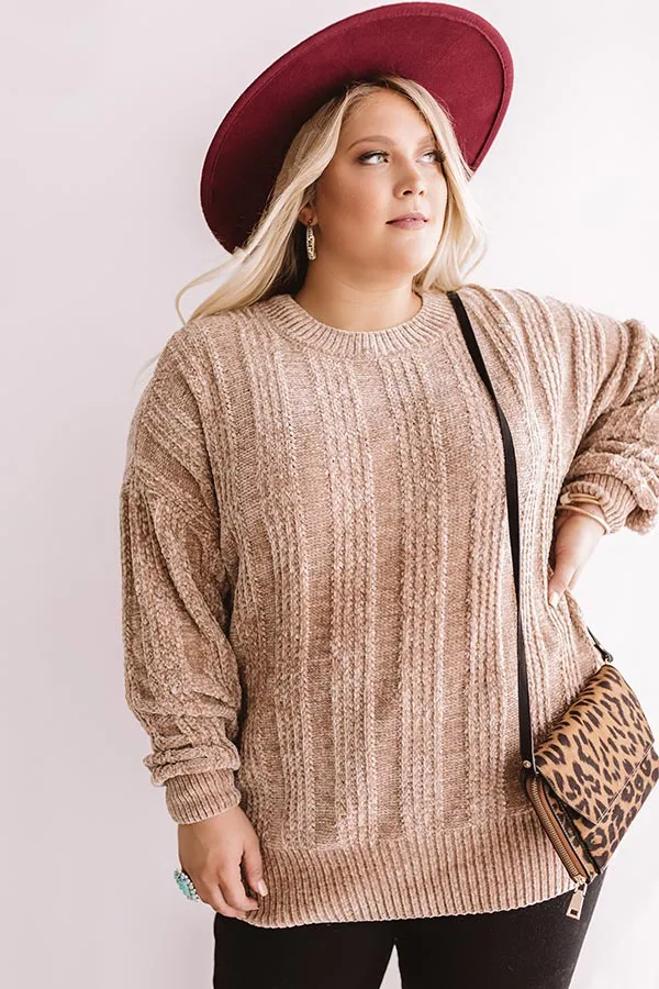 Lattes And Snuggles Cable Knit Chenille Sweater In Iced Latte Curves