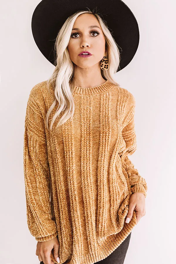 Lattes And Snuggles Cable Knit Chenille Sweater In Mustard