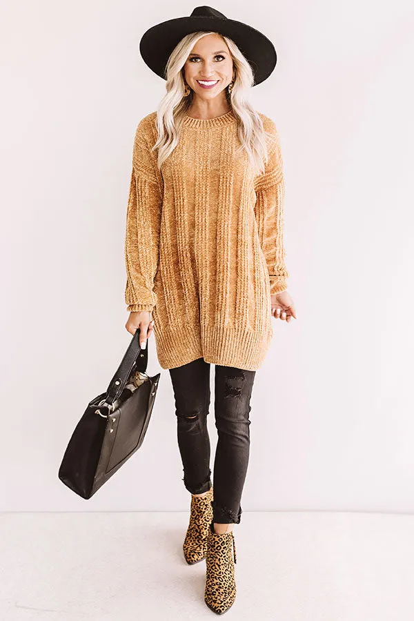 Lattes And Snuggles Cable Knit Chenille Sweater In Mustard