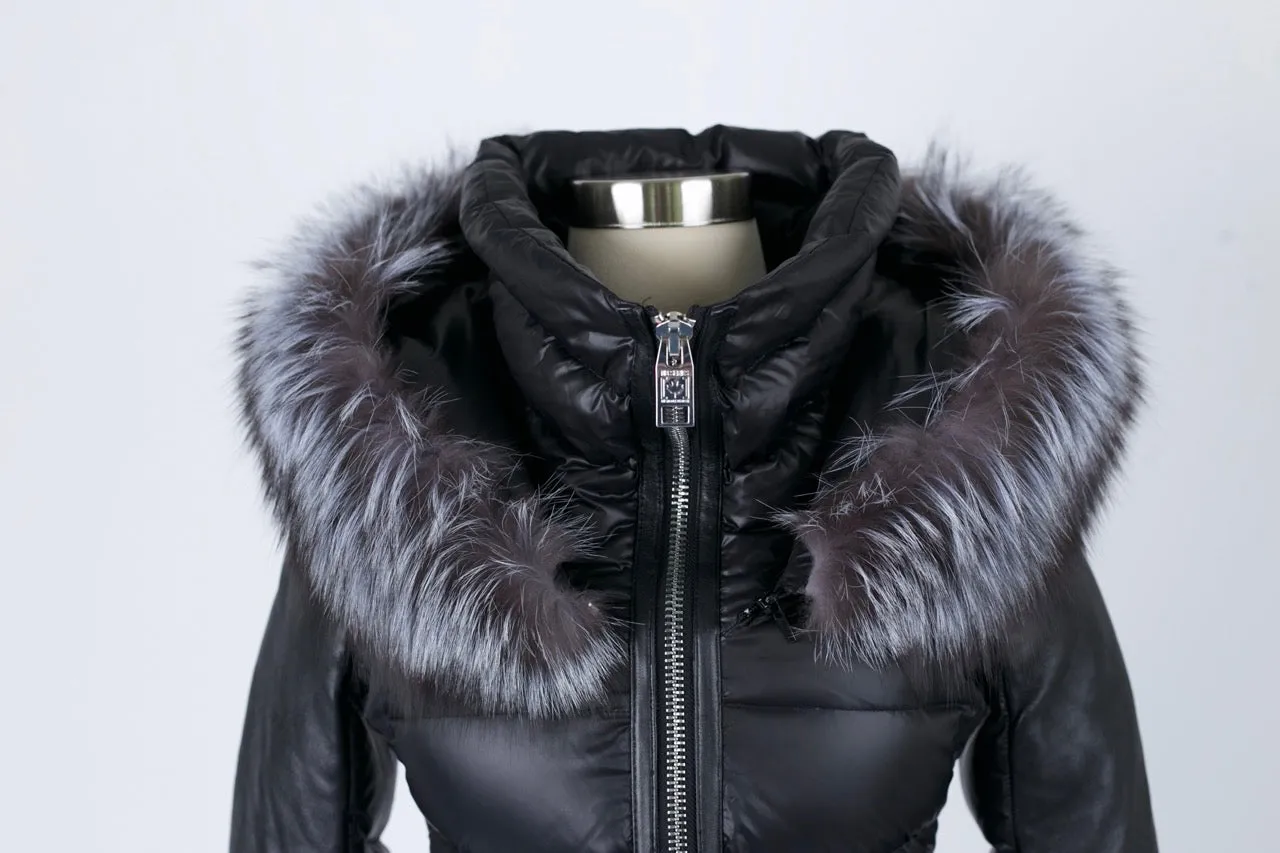 Leather Trim Down Parka W/ Fur Hood