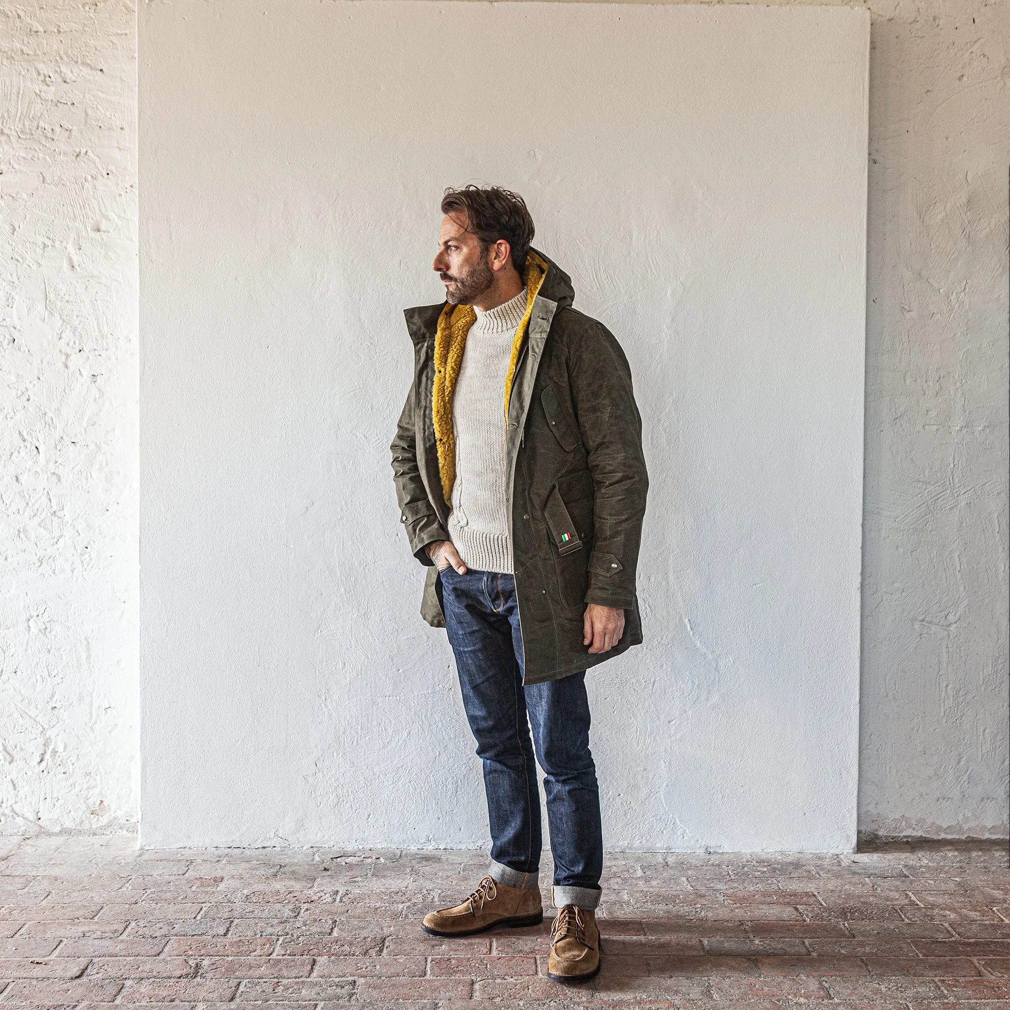 Lined Waxed Parka in Olive