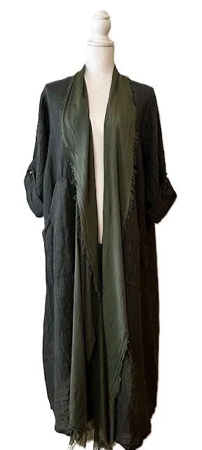 Long Italian Linen and Silk Duster Jacket With Frayed Edges, Charcoal