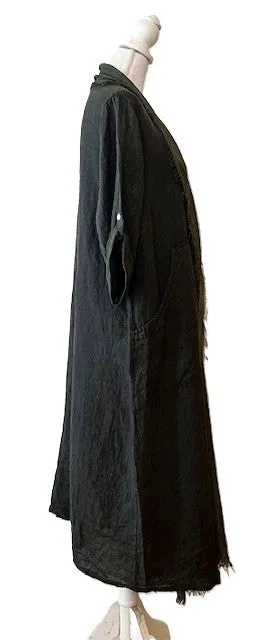 Long Italian Linen and Silk Duster Jacket With Frayed Edges, Charcoal