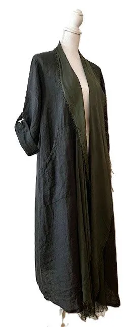 Long Italian Linen and Silk Duster Jacket With Frayed Edges, Charcoal