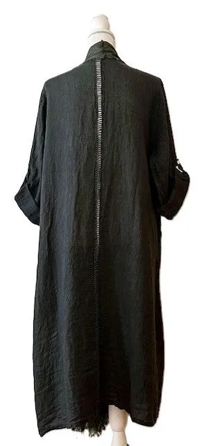 Long Italian Linen and Silk Duster Jacket With Frayed Edges, Charcoal