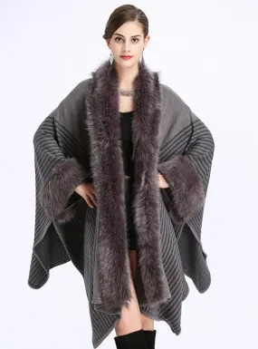 LOOSE FOX LIKE FUR COLLAR KNITTED CARDIGAN SHAWL