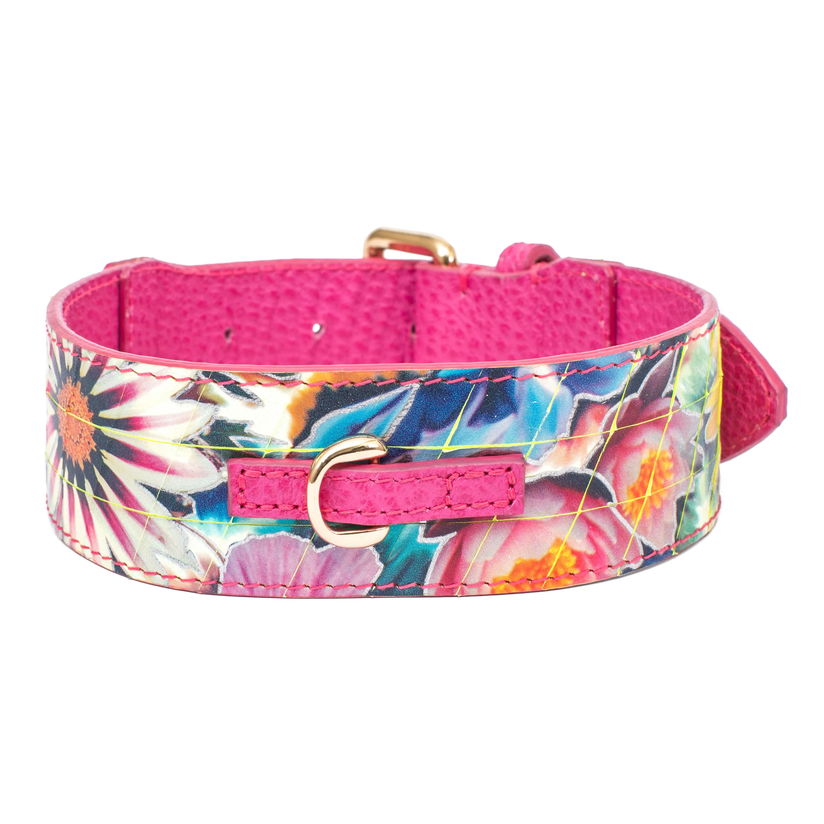 Luxury Pet Fashion Fuchsia Floral Italian Leather Collar With A Custom Gold Heart