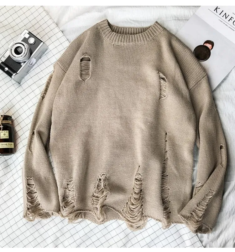 Men Autumn Winter Vintage Ripped Destroyed Holes Knitted Sweater Japan Style Streetwear Women Couple Casual Knitwear Jumper 2XL