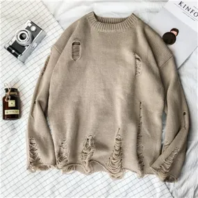 Men Autumn Winter Vintage Ripped Destroyed Holes Knitted Sweater Japan Style Streetwear Women Couple Casual Knitwear Jumper 2XL