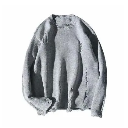 Men Autumn Winter Vintage Ripped Destroyed Holes Knitted Sweater Japan Style Streetwear Women Couple Casual Knitwear Jumper 2XL