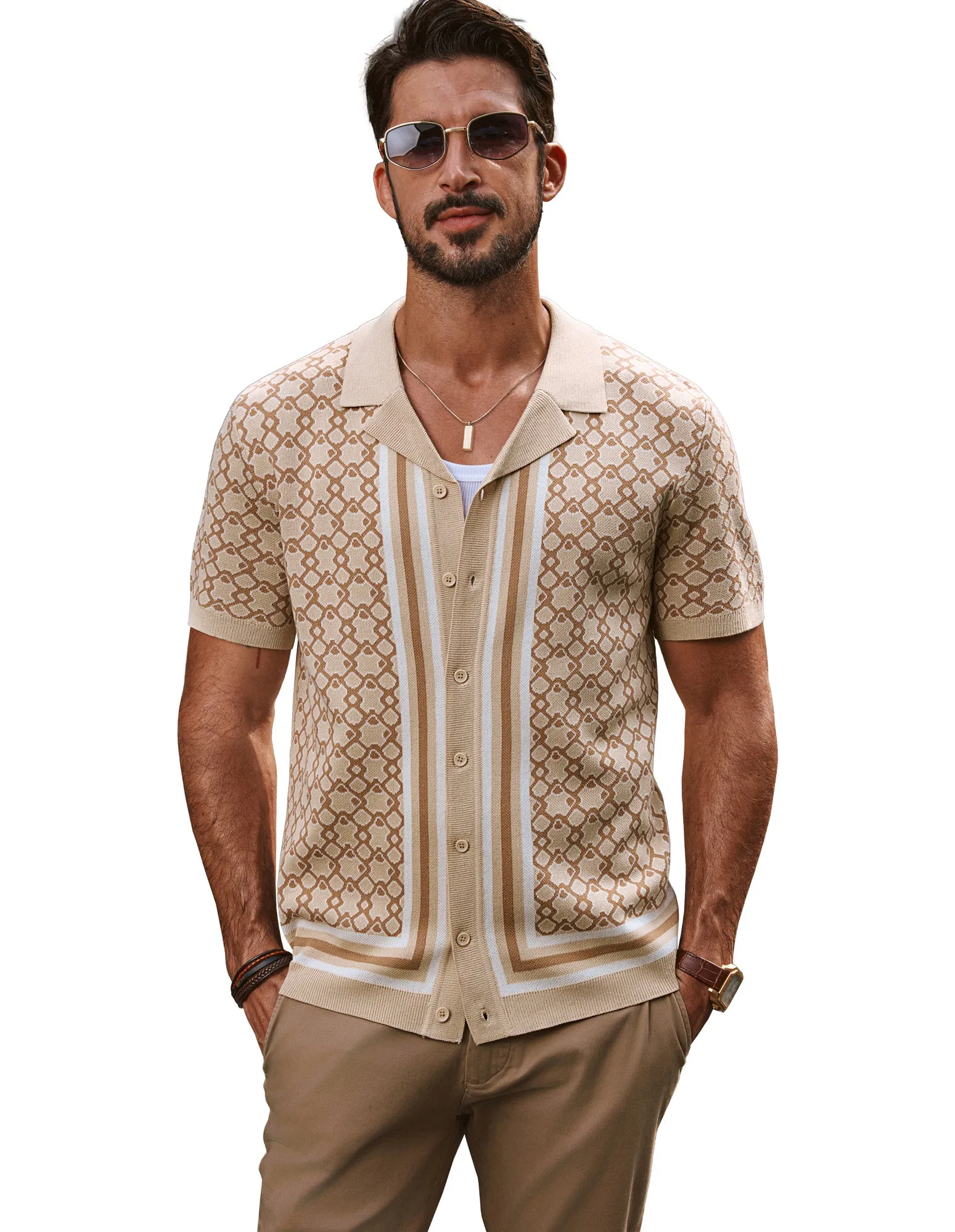 Men Contrast Color Cardigan Short Sleeve Lapel Collar Button-up Sweater Tops