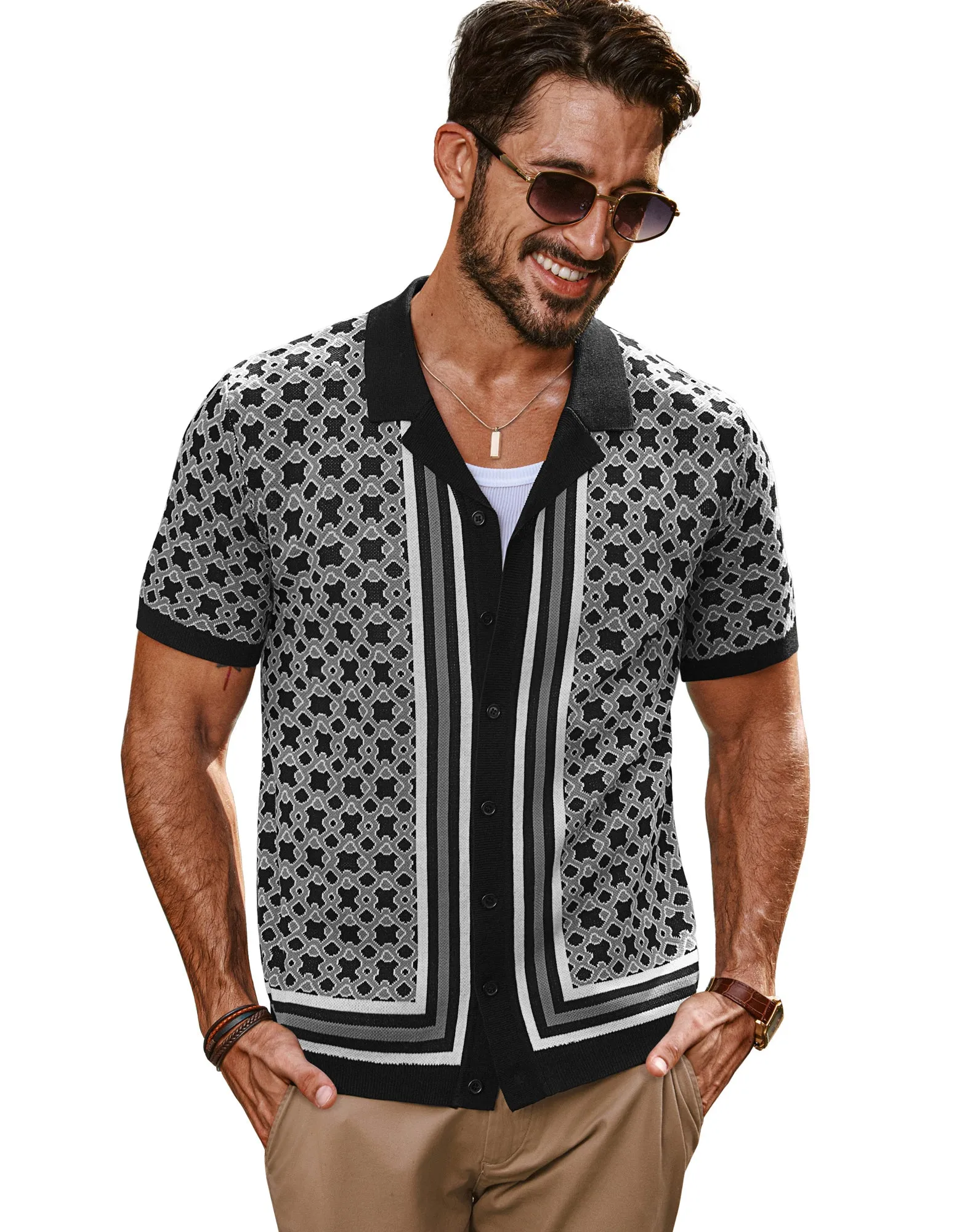 Men Contrast Color Cardigan Short Sleeve Lapel Collar Button-up Sweater Tops