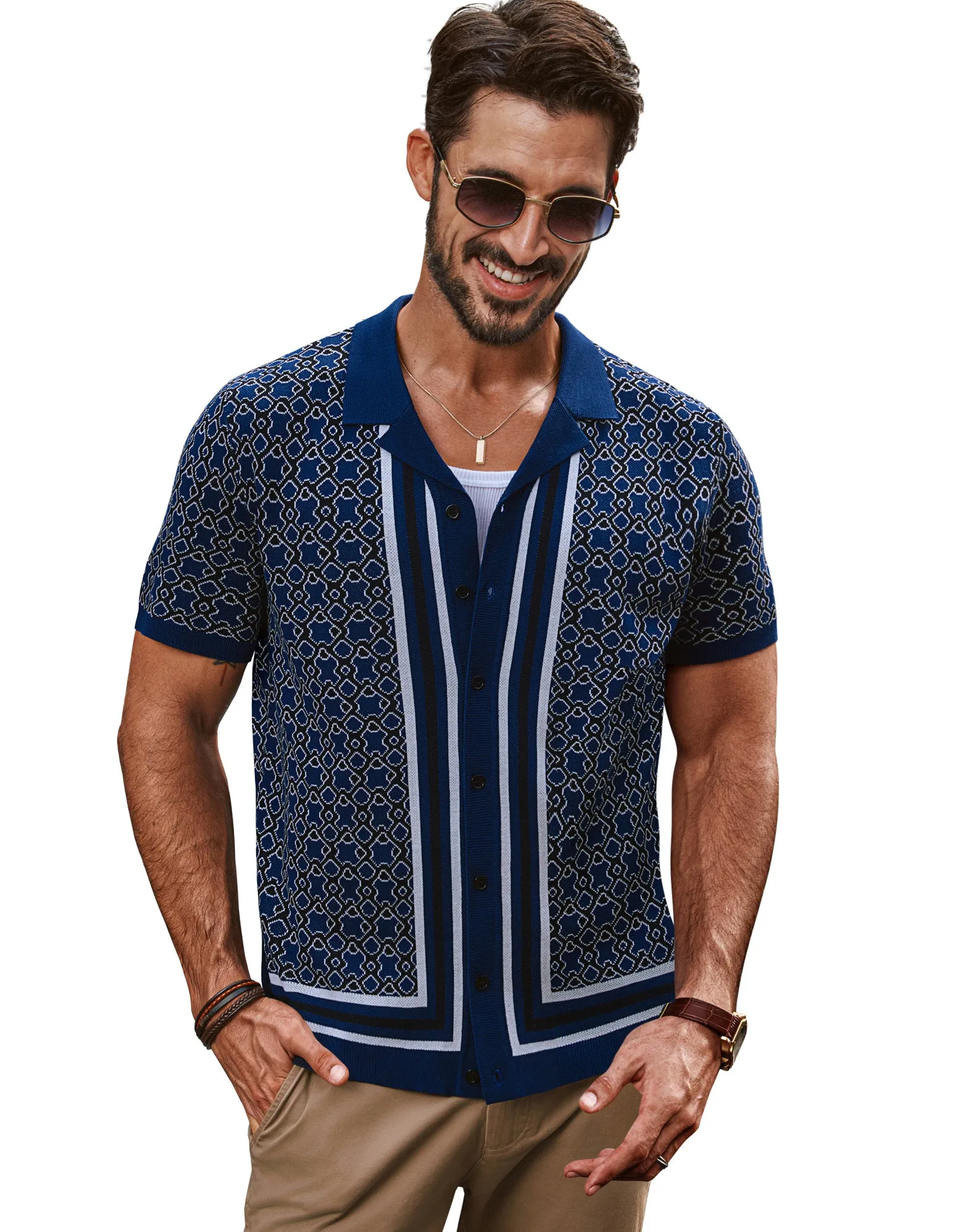 Men Contrast Color Cardigan Short Sleeve Lapel Collar Button-up Sweater Tops