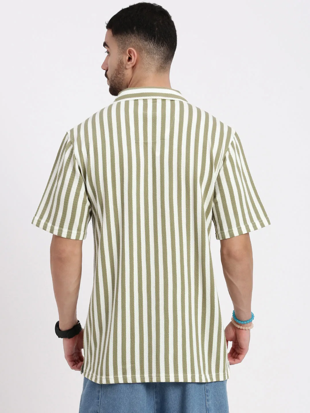 Men Olive Cuban Collar Striped Shirt