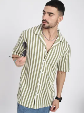 Men Olive Cuban Collar Striped Shirt