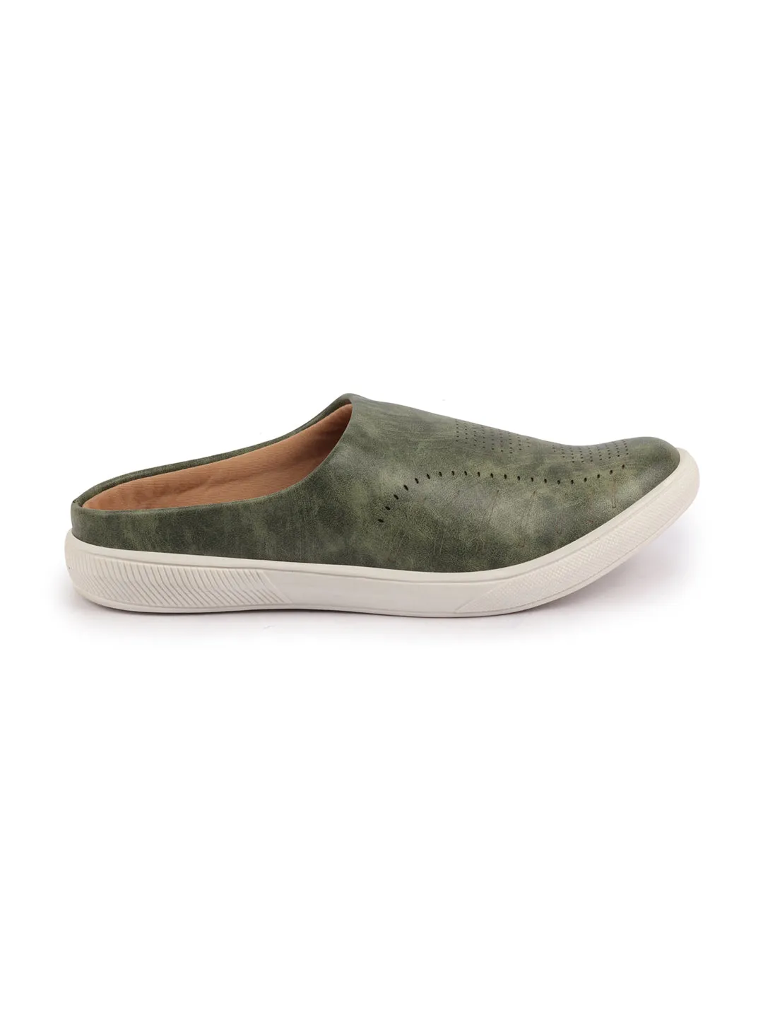 Men Olive Green Back Open Stylish Design Slip On Shoes