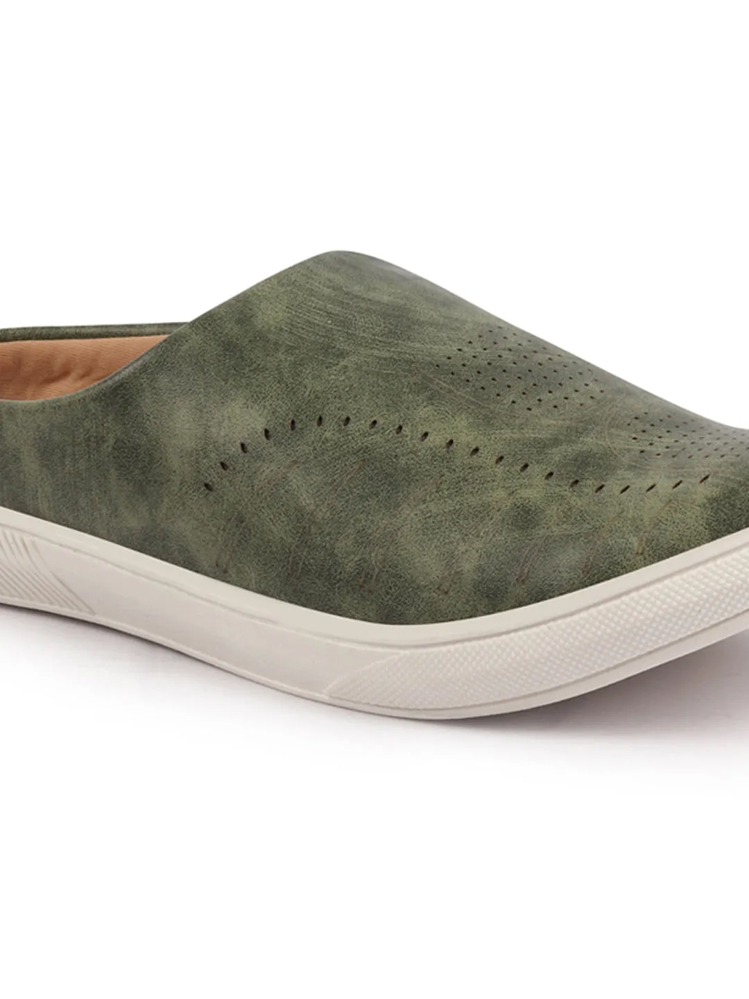 Men Olive Green Back Open Stylish Design Slip On Shoes