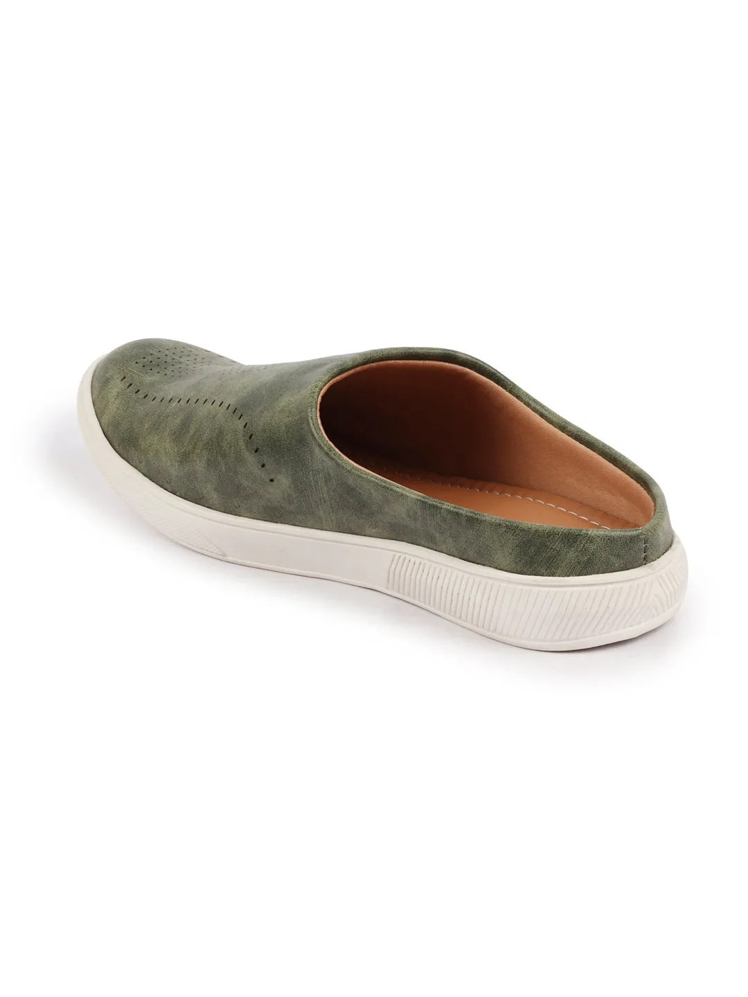 Men Olive Green Back Open Stylish Design Slip On Shoes