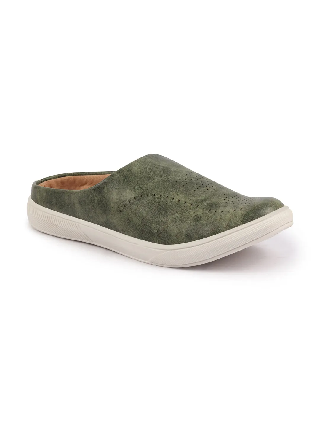 Men Olive Green Back Open Stylish Design Slip On Shoes