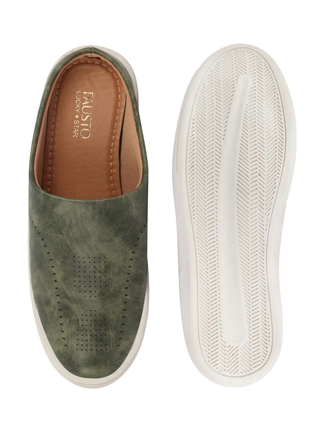 Men Olive Green Back Open Stylish Design Slip On Shoes