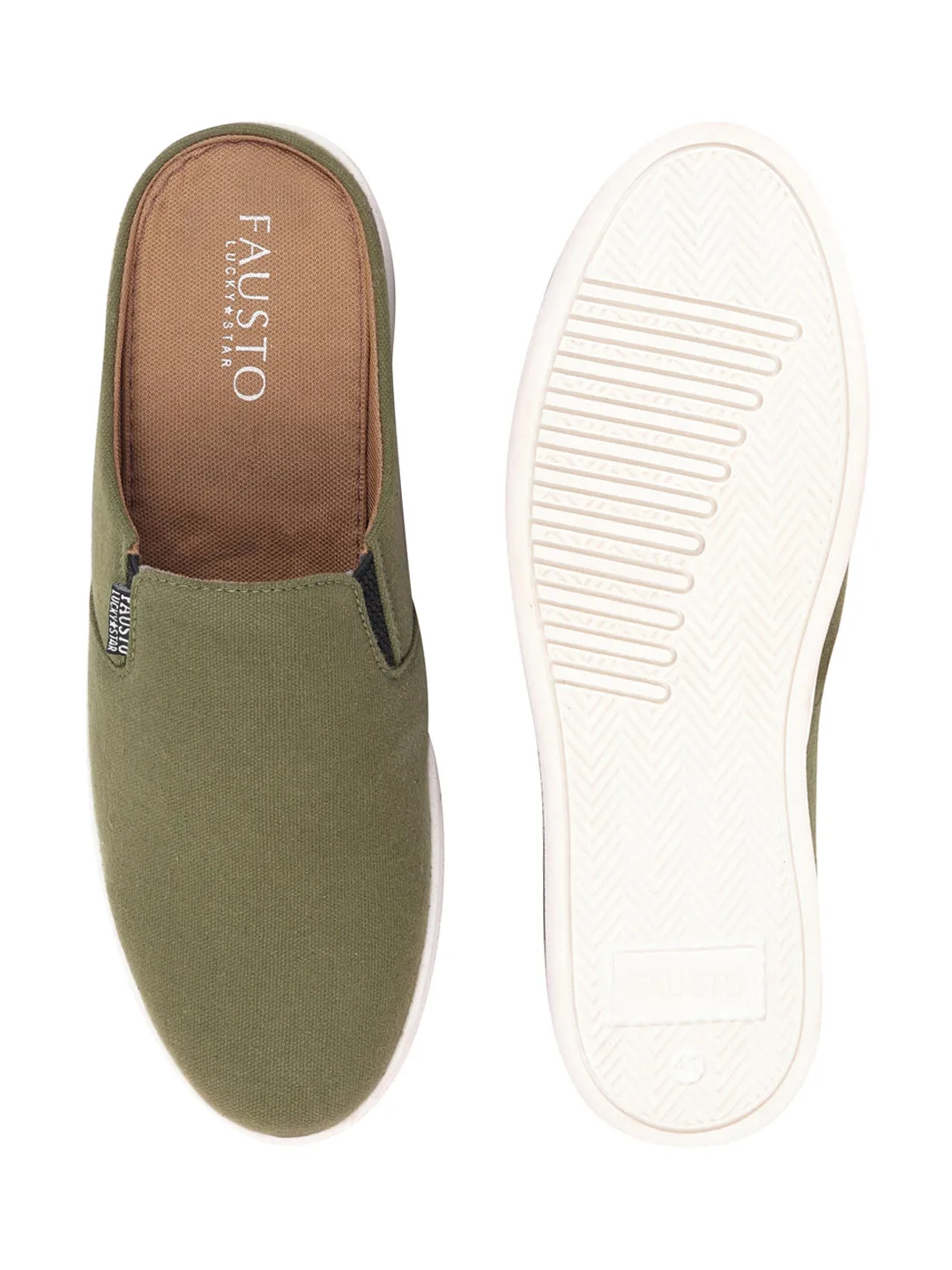 Men Olive Green Casual Back Open Canvas Stylish Slip On Shoes