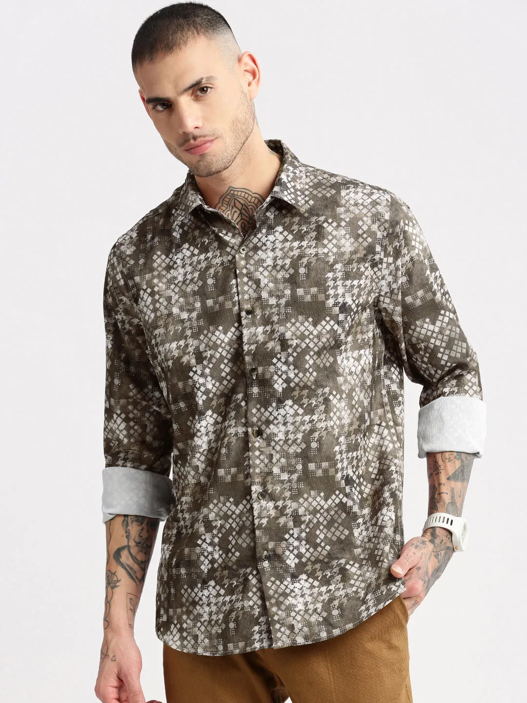 Men Spread Collar  Geometric Olive Casual Shirt