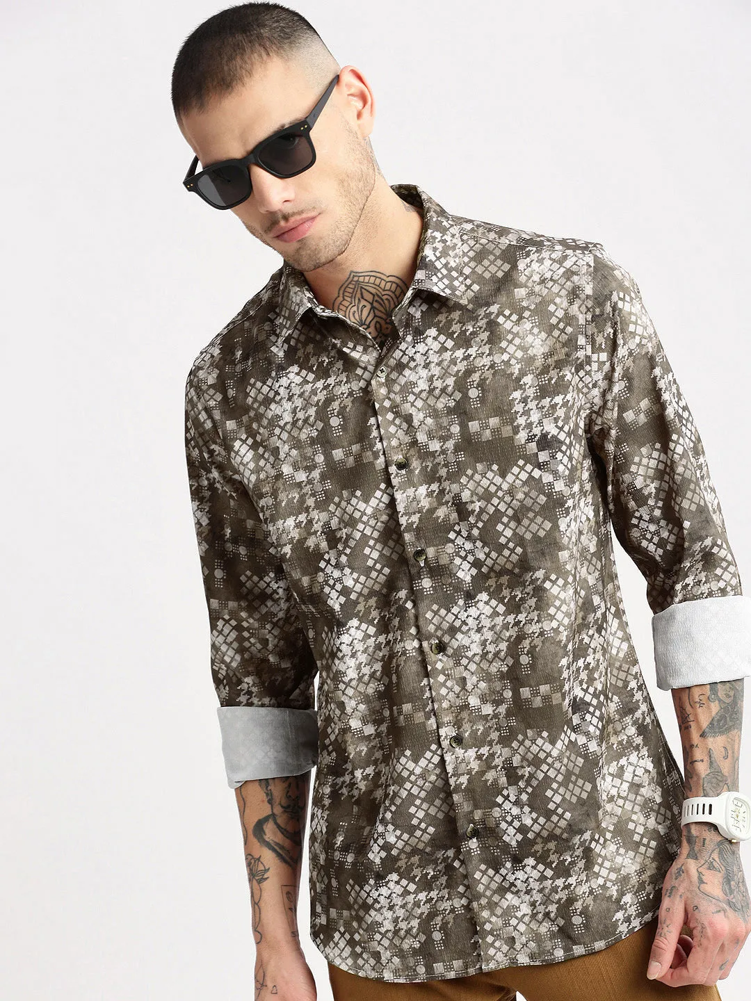 Men Spread Collar  Geometric Olive Casual Shirt