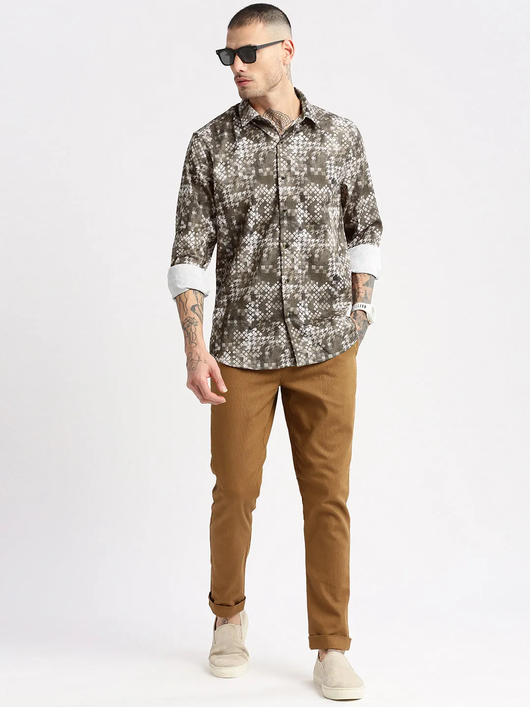 Men Spread Collar  Geometric Olive Casual Shirt