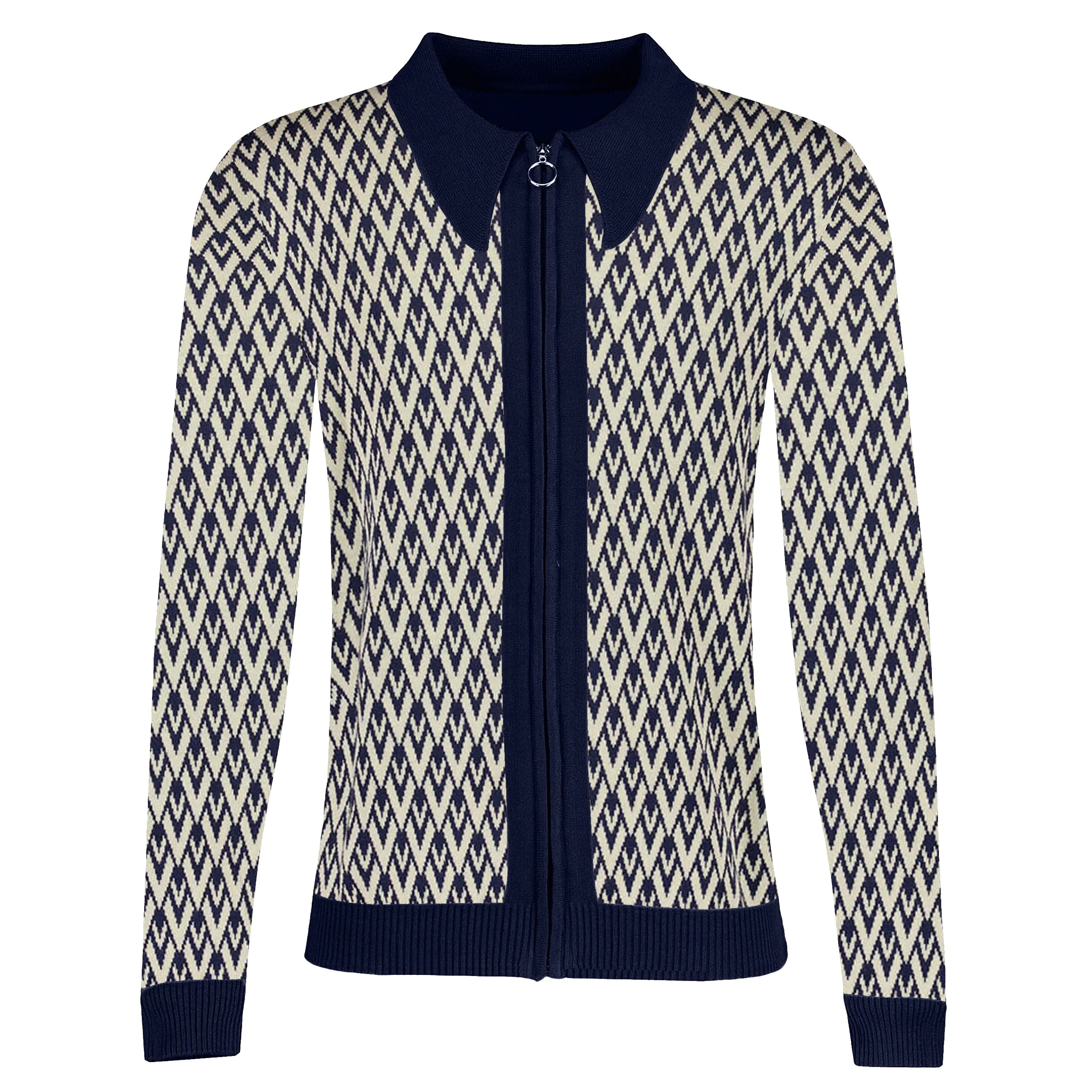 Men's dark blue jacquard zip-up cardigan sweater