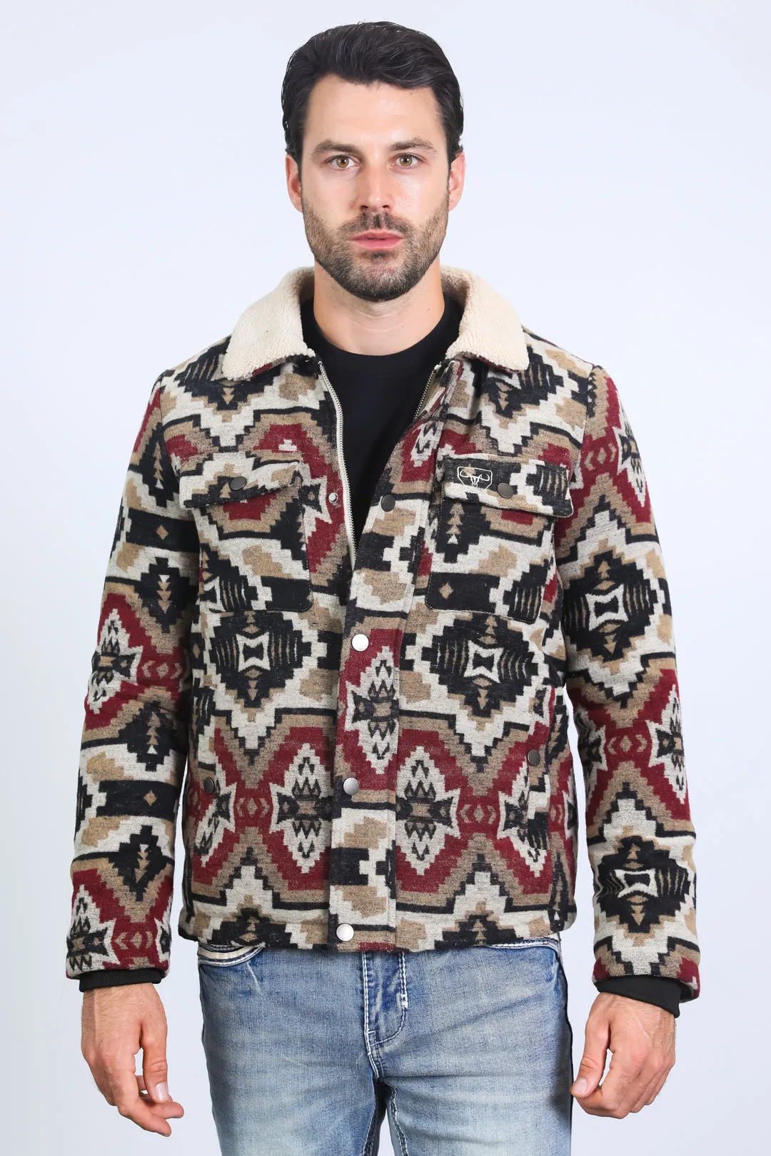 Mens Ethnic Aztec Quilted Fur Lined Black/Red Jacket